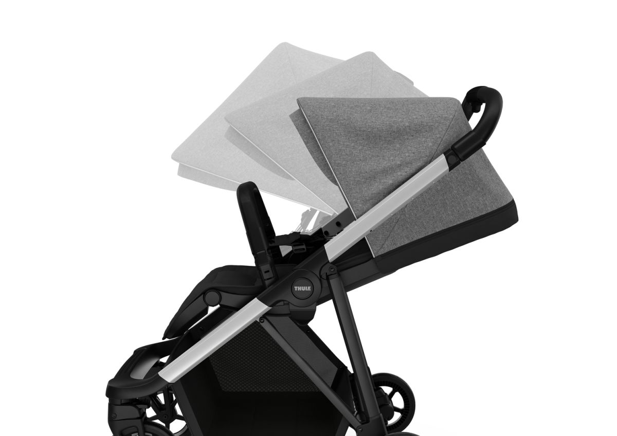 Náhled produktu - Kočárek Thule Shine Grey Melange on Aluminum  + korbička + ochrana proti slunci/dešti Thule